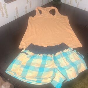 Lululemon Orange Tank Top and Plaid Shorts Set
